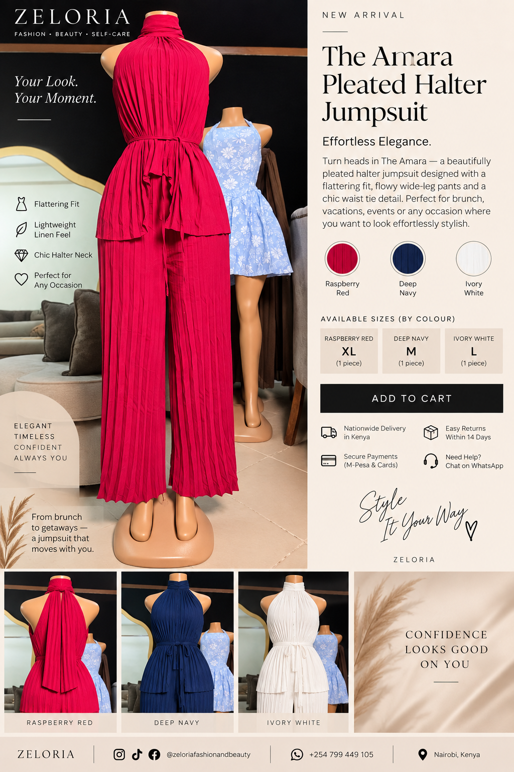 ZELORIA Amara Pleated Halter Jumpsuit — Raspberry Red XL, Deep Navy Medium, Ivory White Large