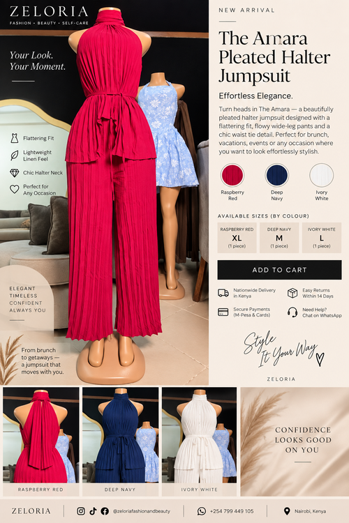 ZELORIA Amara Pleated Halter Jumpsuit — Raspberry Red XL, Deep Navy Medium, Ivory White Large