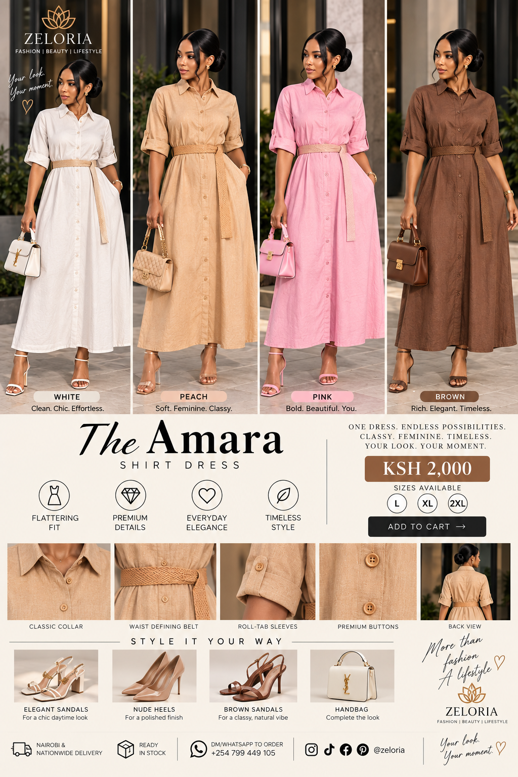 The Amara Shirt Dress by ZELORIA styled in available colourways with sandals, heels and handbags