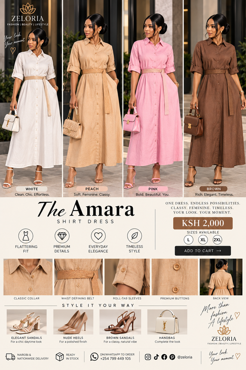 The Amara Shirt Dress by ZELORIA styled in available colourways with sandals, heels and handbags