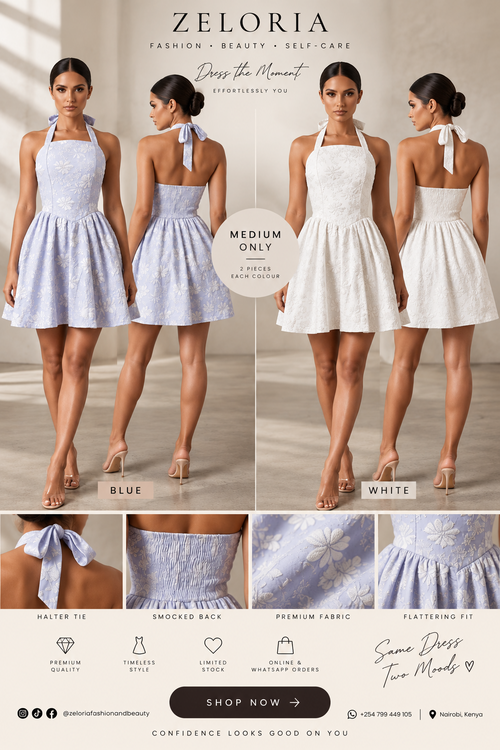 ZELORIA Amelie Floral Halter Mini Dress blue and white model campaign