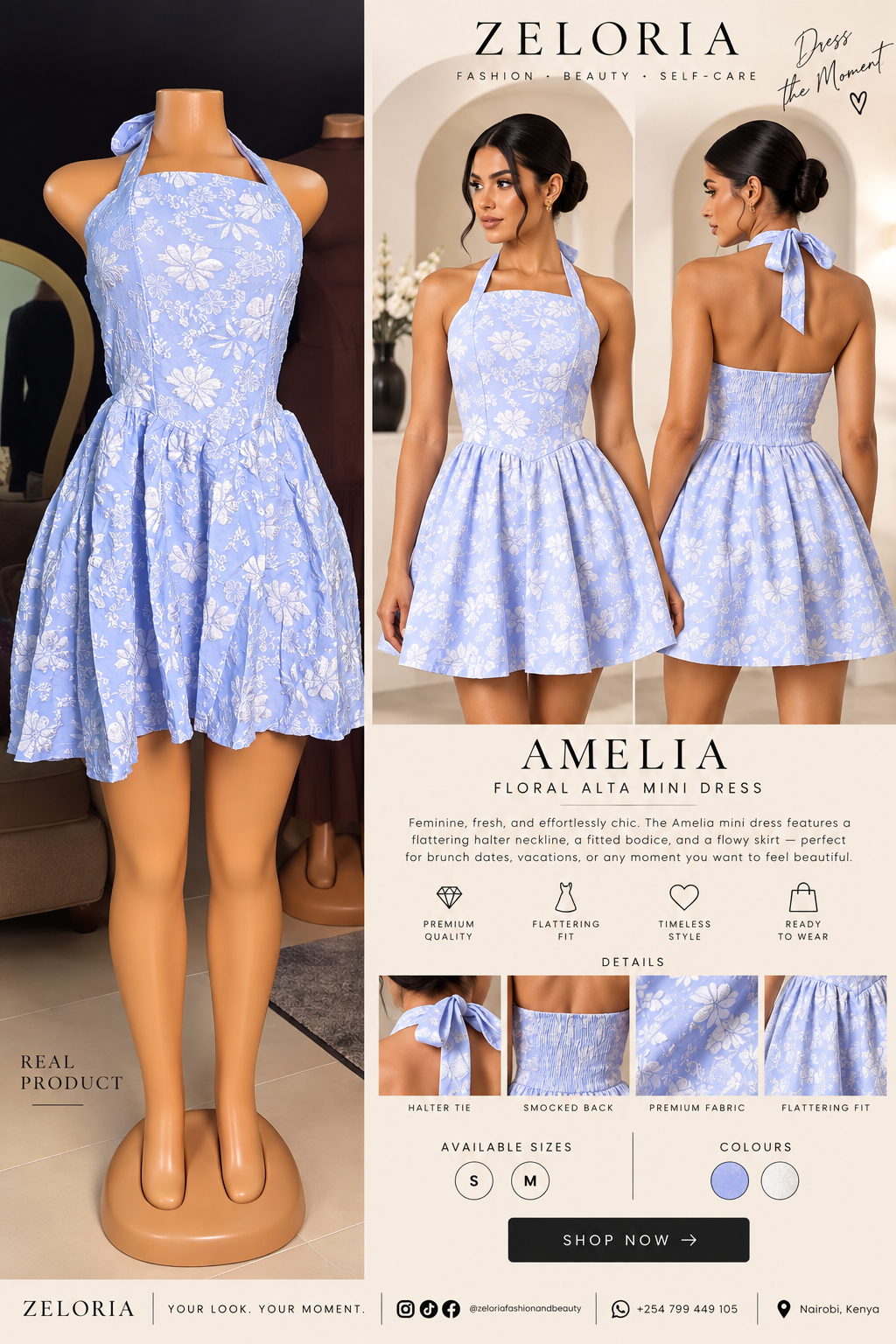 ZELORIA Amelie Floral Halter Mini Dress polished real product and model campaign