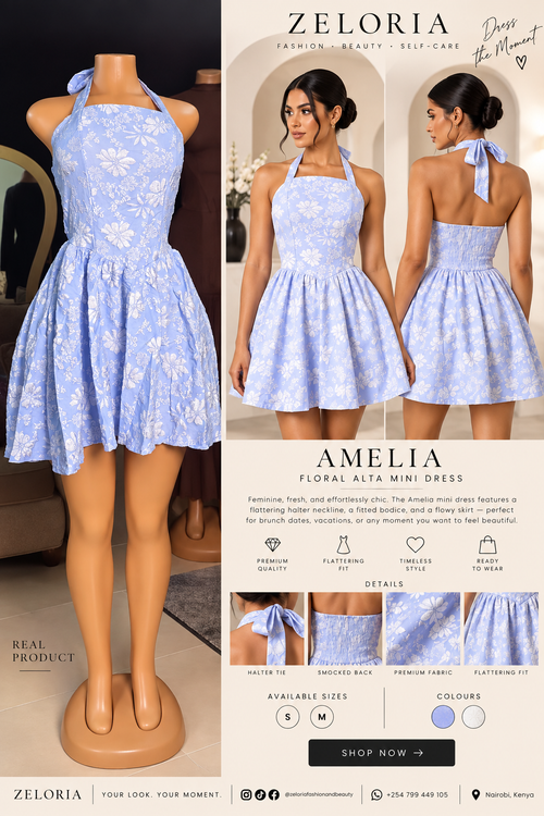 ZELORIA Amelie Floral Halter Mini Dress polished real product and model campaign