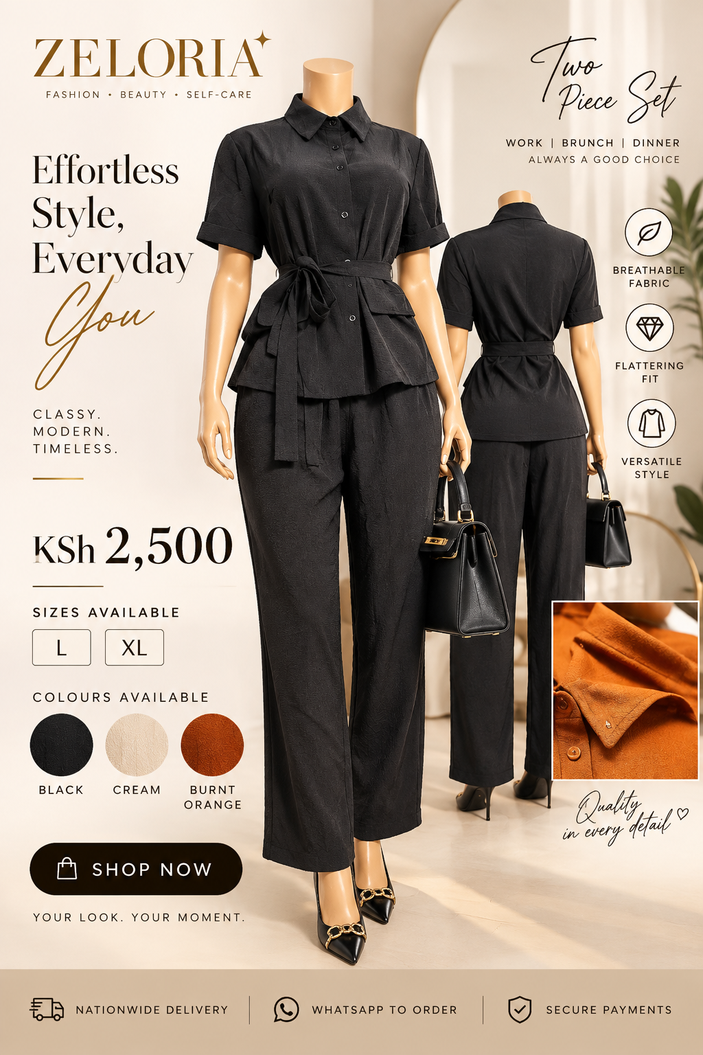 ZELORIA belted two-piece set in black with available colour options