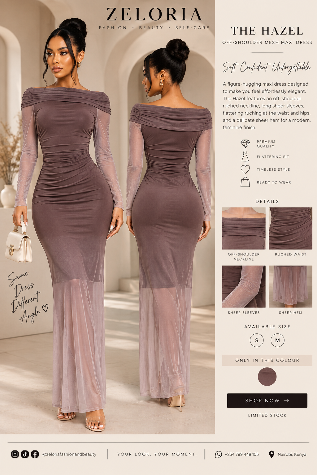 ZELORIA model wearing The Hazel Off-Shoulder Mesh Maxi Dress