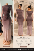ZELORIA Hazel Off-Shoulder Mesh Maxi Dress polished campaign and real product view