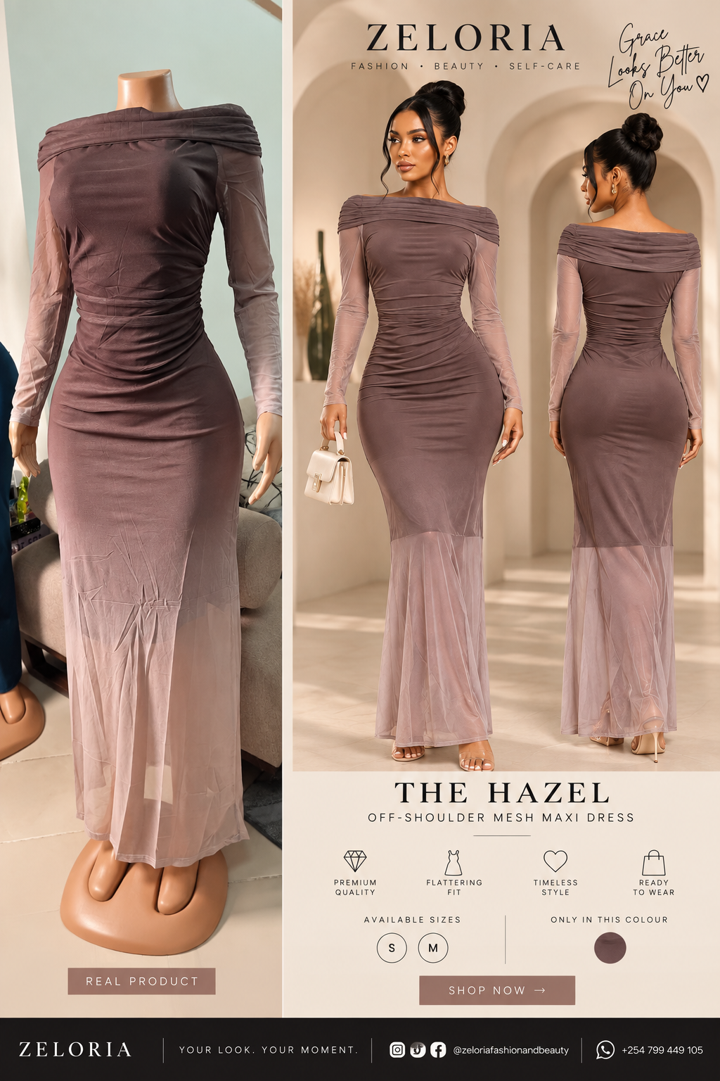 ZELORIA Hazel Off-Shoulder Mesh Maxi Dress polished campaign and real product view
