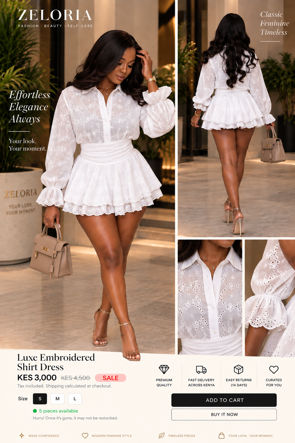 ZELORIA Luxe Embroidered Shirt Dress styled front and back