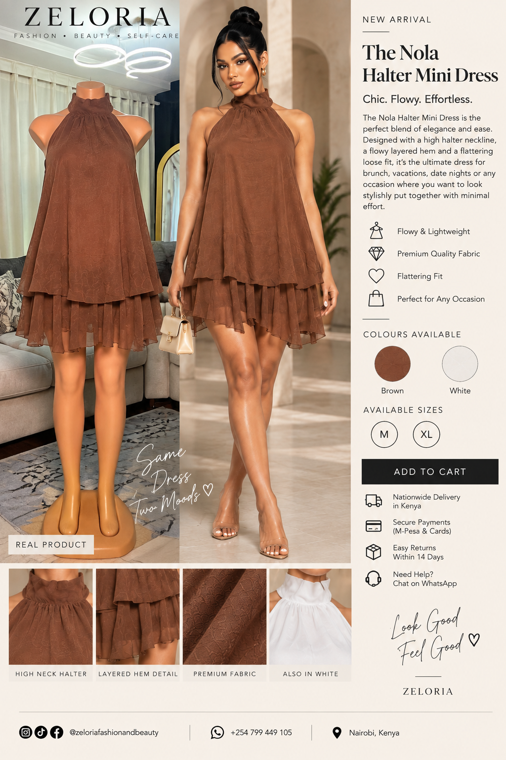 ZELORIA Nola Halter Mini Dress with real front product and model, Brown XL and White Medium