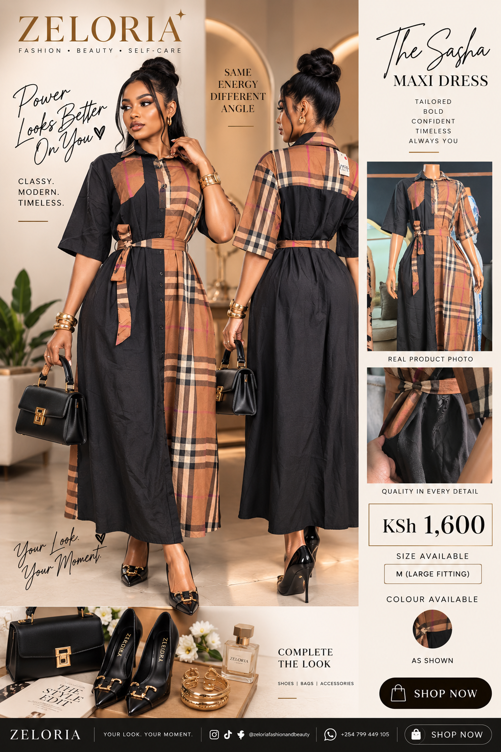 ZELORIA plaid panel maxi dress campaign