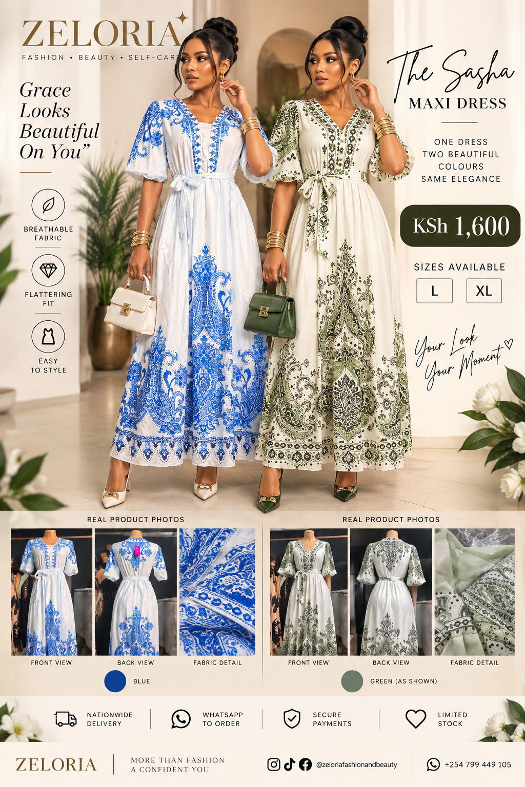 The Sasha Maxi Dress in blue and green, with real product reference photos