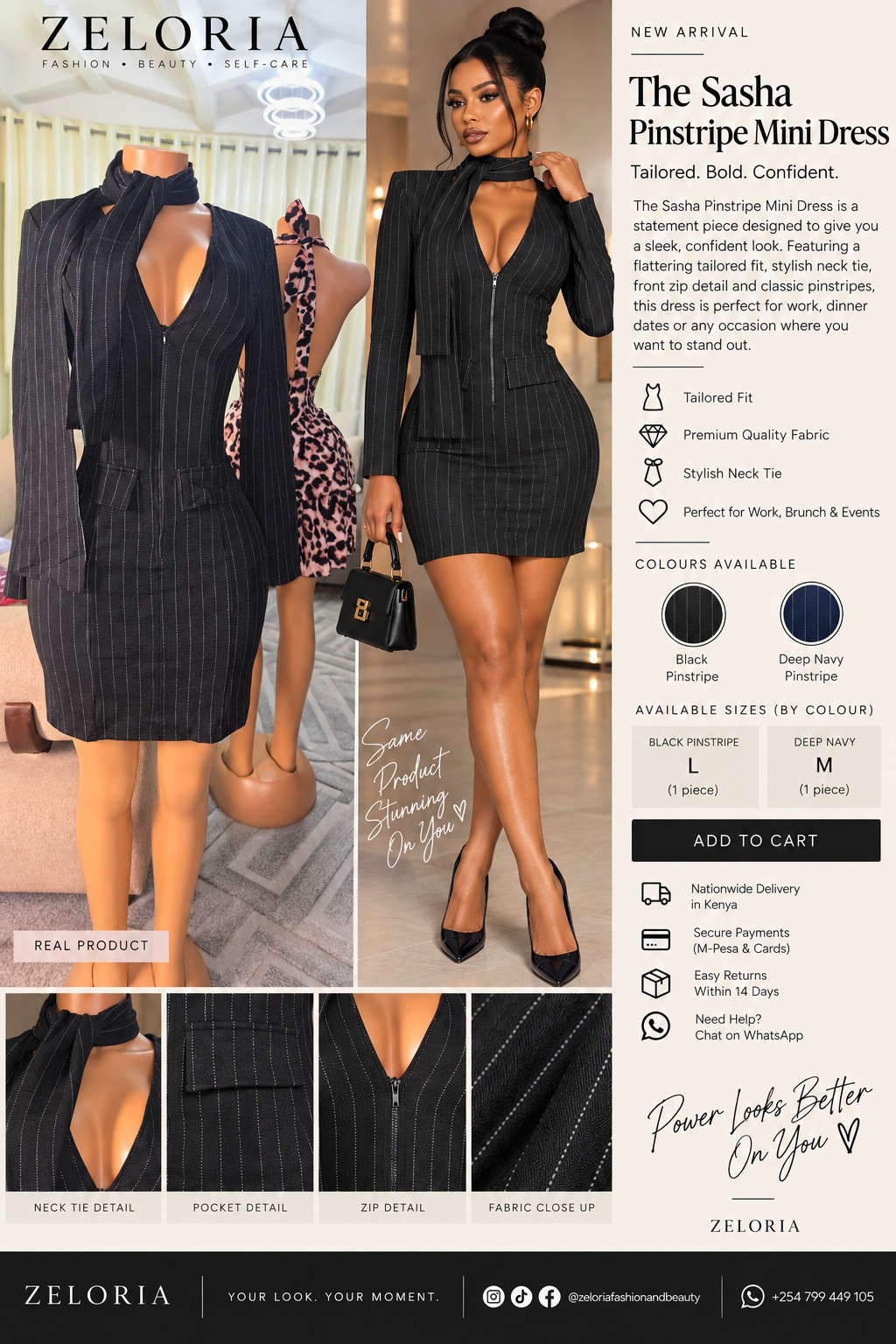 ZELORIA Sasha Pinstripe Mini Dress real product with model, Black Large and Deep Navy Medium
