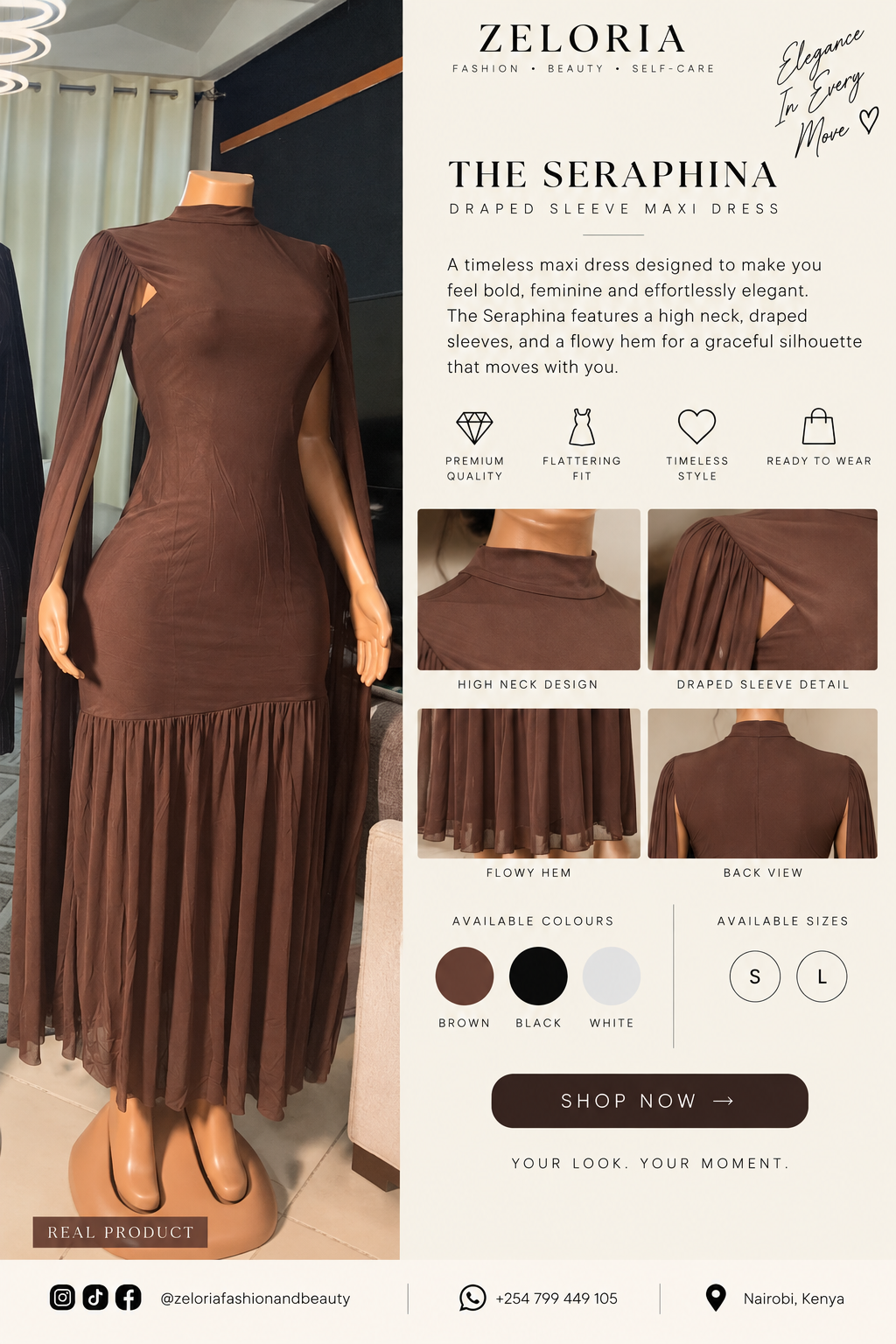 ZELORIA Seraphina Draped Sleeve Maxi Dress polished real product presentation