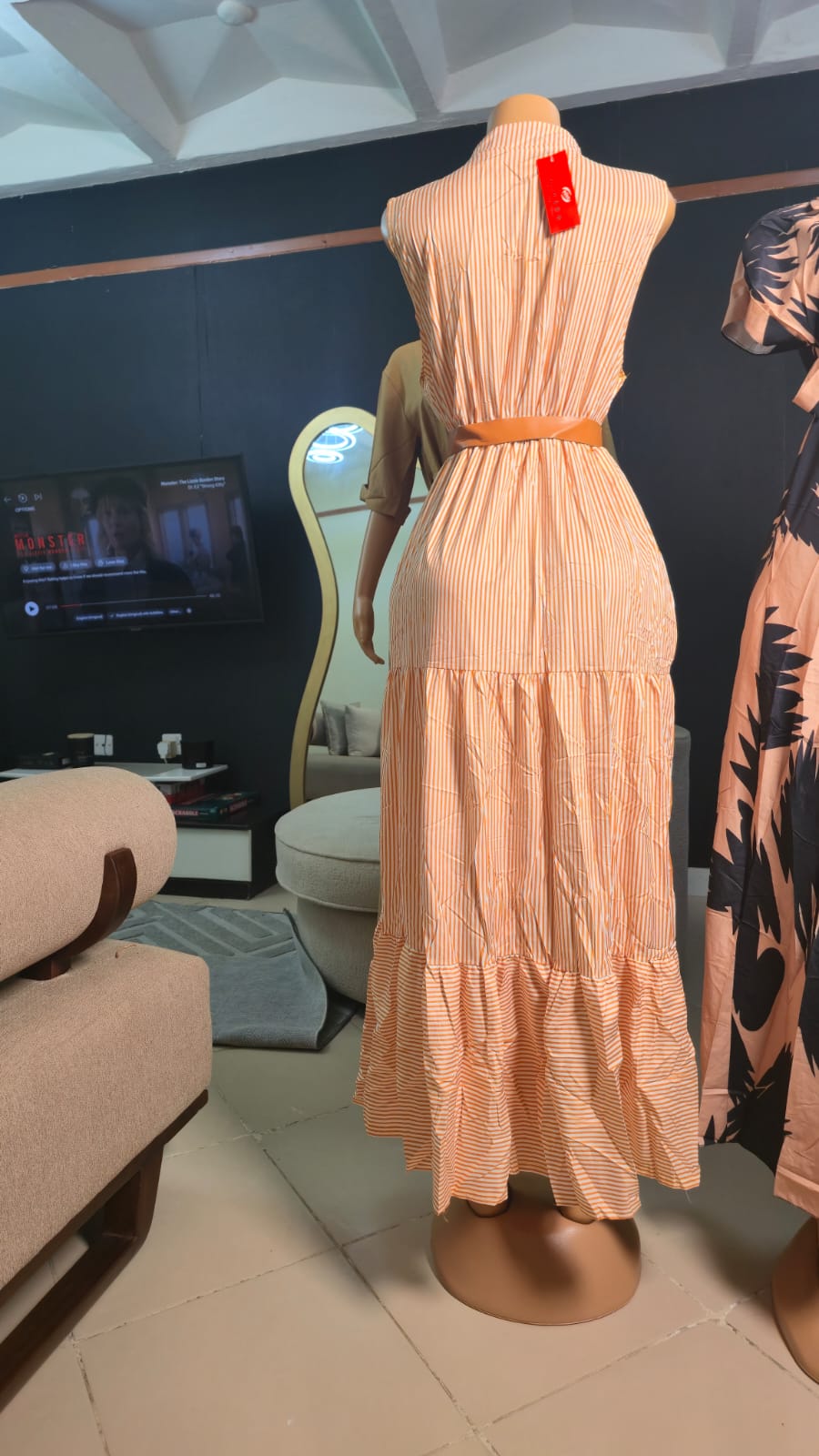 Striped belted maxi dress real product back view