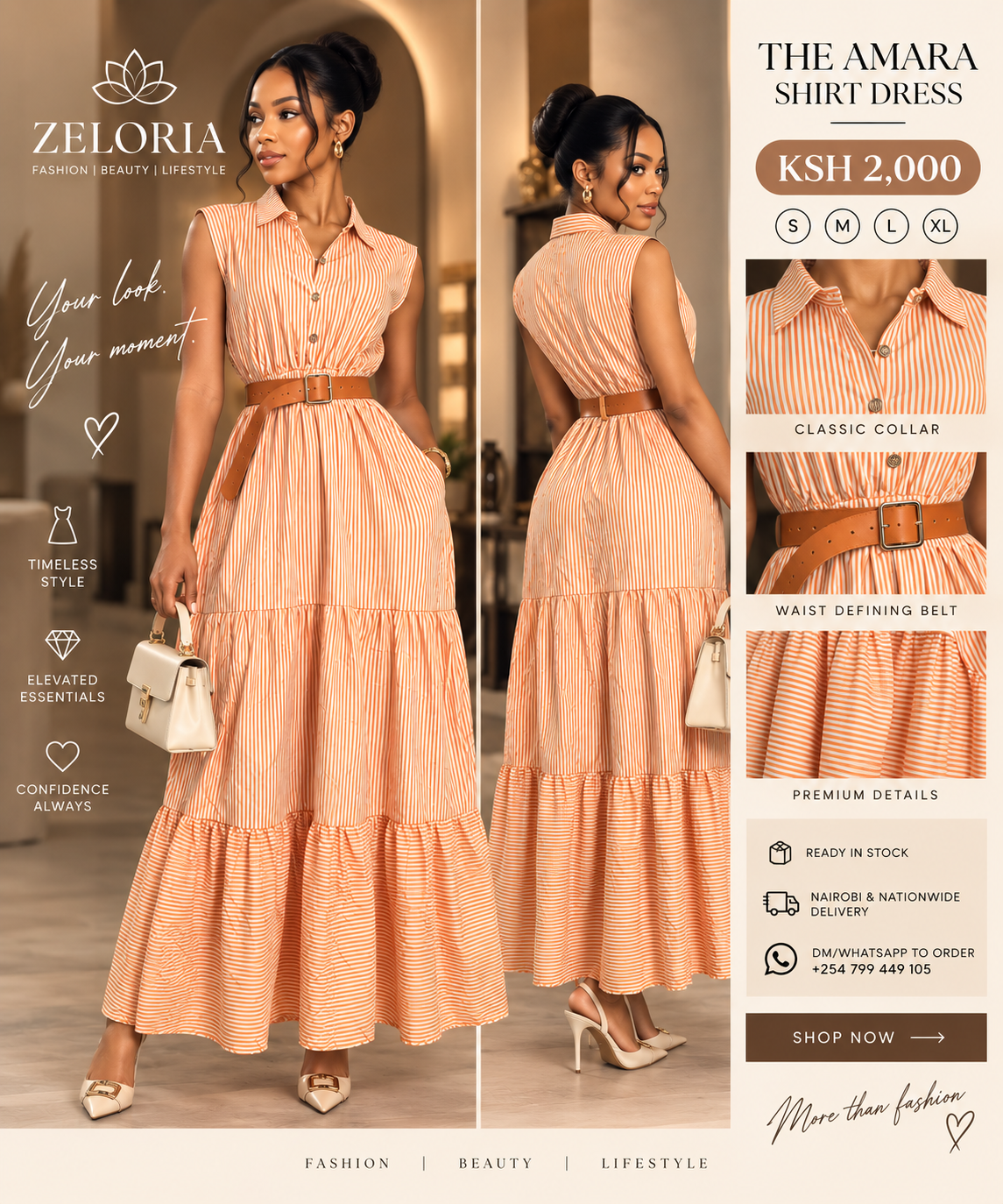 ZELORIA striped belted maxi dress editorial styling, front and back