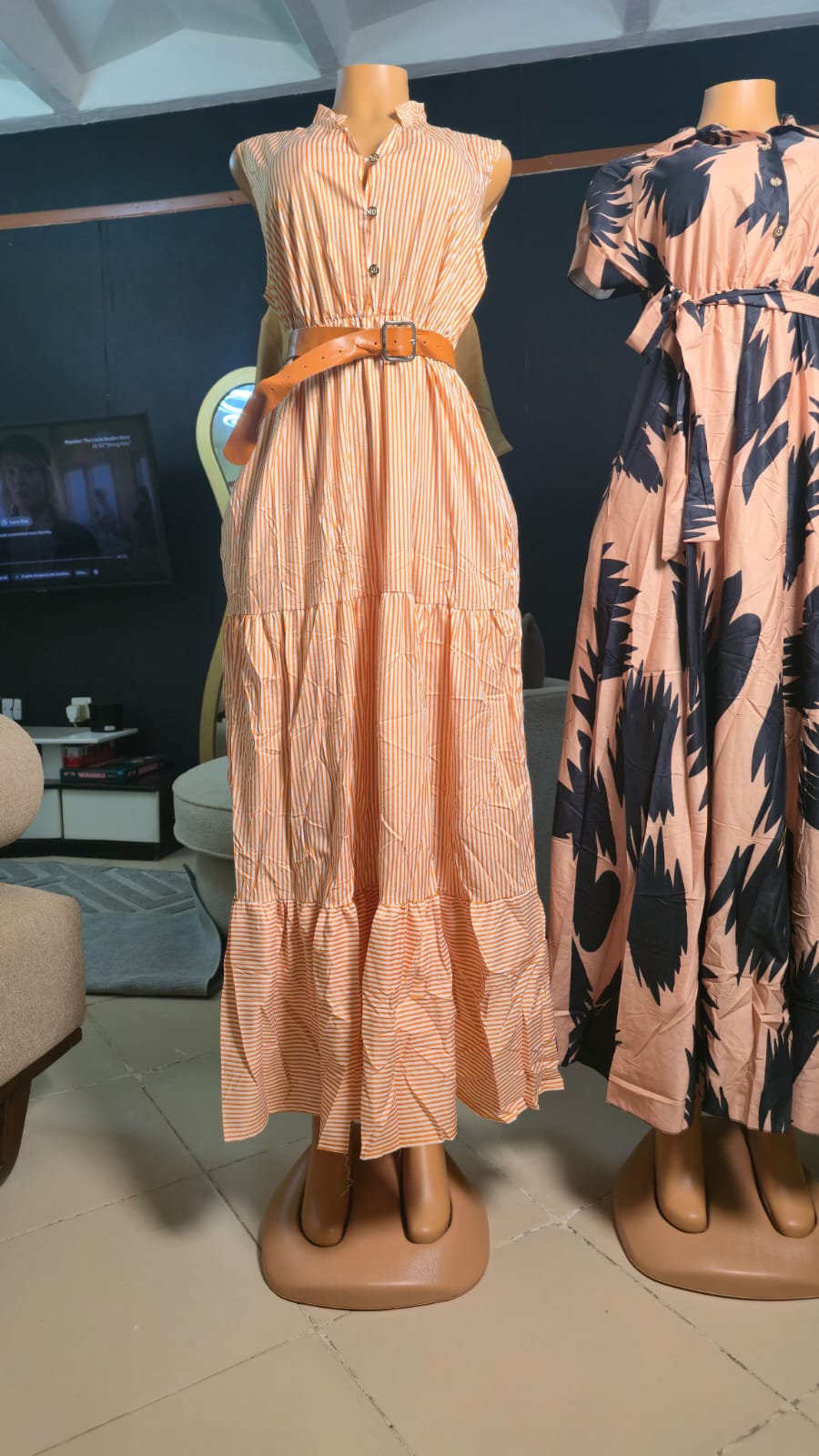 Striped belted maxi dress real product front view
